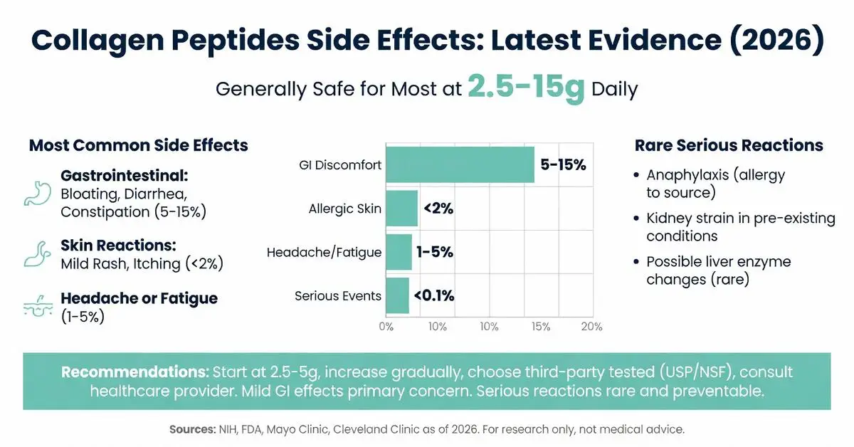 Collagen peptides side effects infographic 2026: latest evidence showing GI discomfort 5-15%, allergic skin reactions <2%, headache fatigue 1-5%, and rare serious events