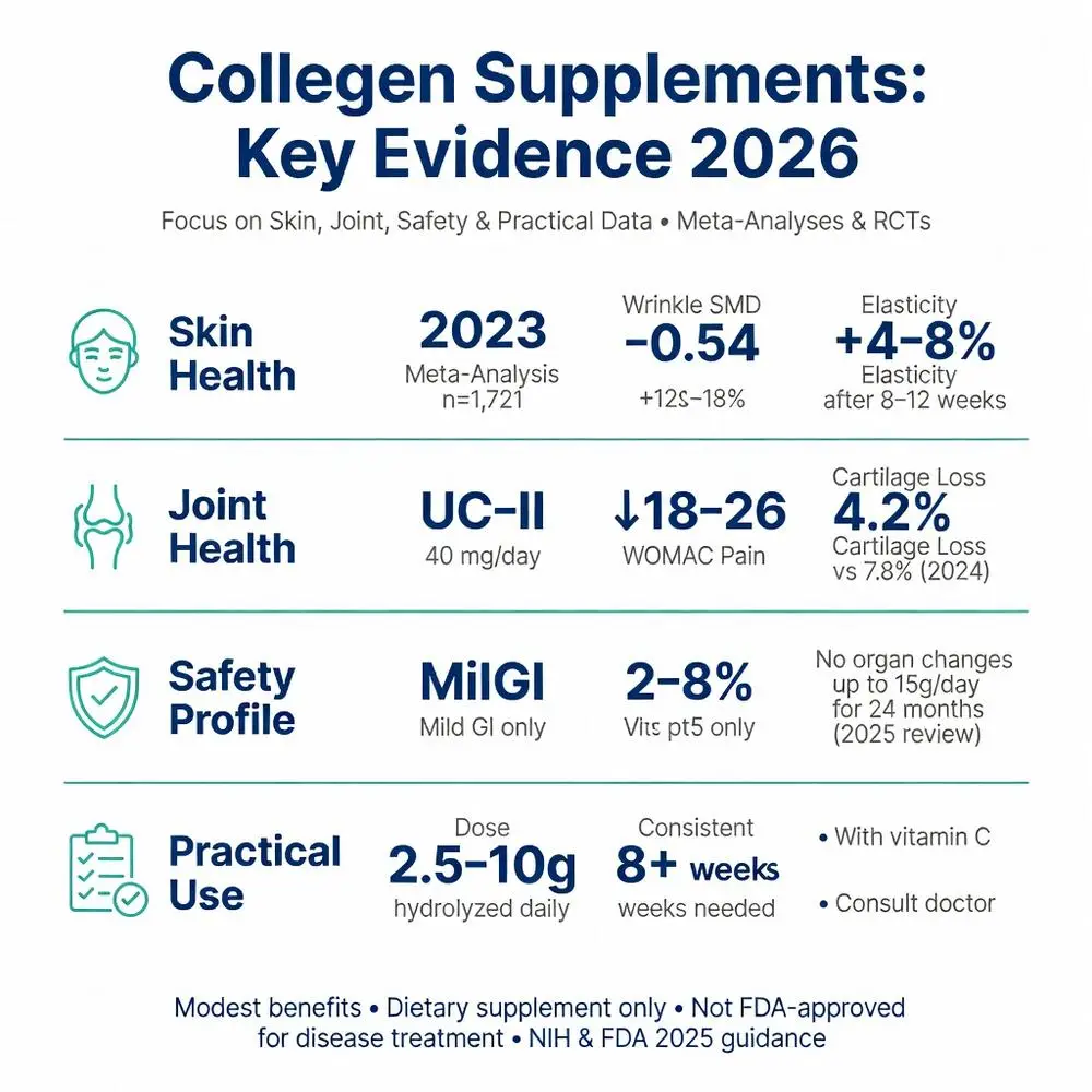 Collagen Supplements Key Evidence 2026 Infographic: Skin Health Meta-Analysis, Joint Pain Relief with UC-II, Safety Profile and 2.5-10g Daily Dosage Guidelines