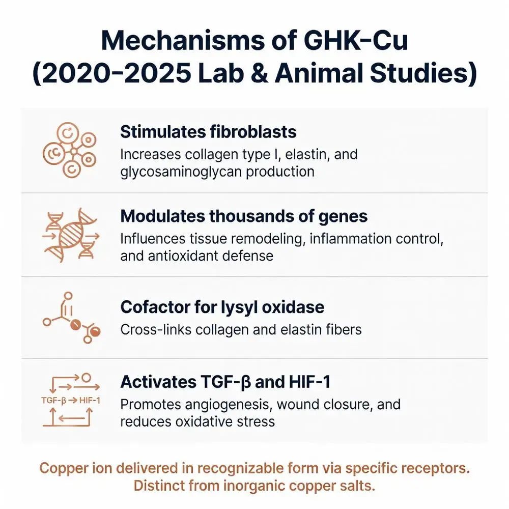 Mechanisms of GHK-Cu copper peptides in 2020-2025 lab and animal studies: how copper peptides stimulate fibroblasts, modulate genes, act as lysyl oxidase cofactor, activate TGF-β and HIF-1 for collagen production, skin repair and anti-aging