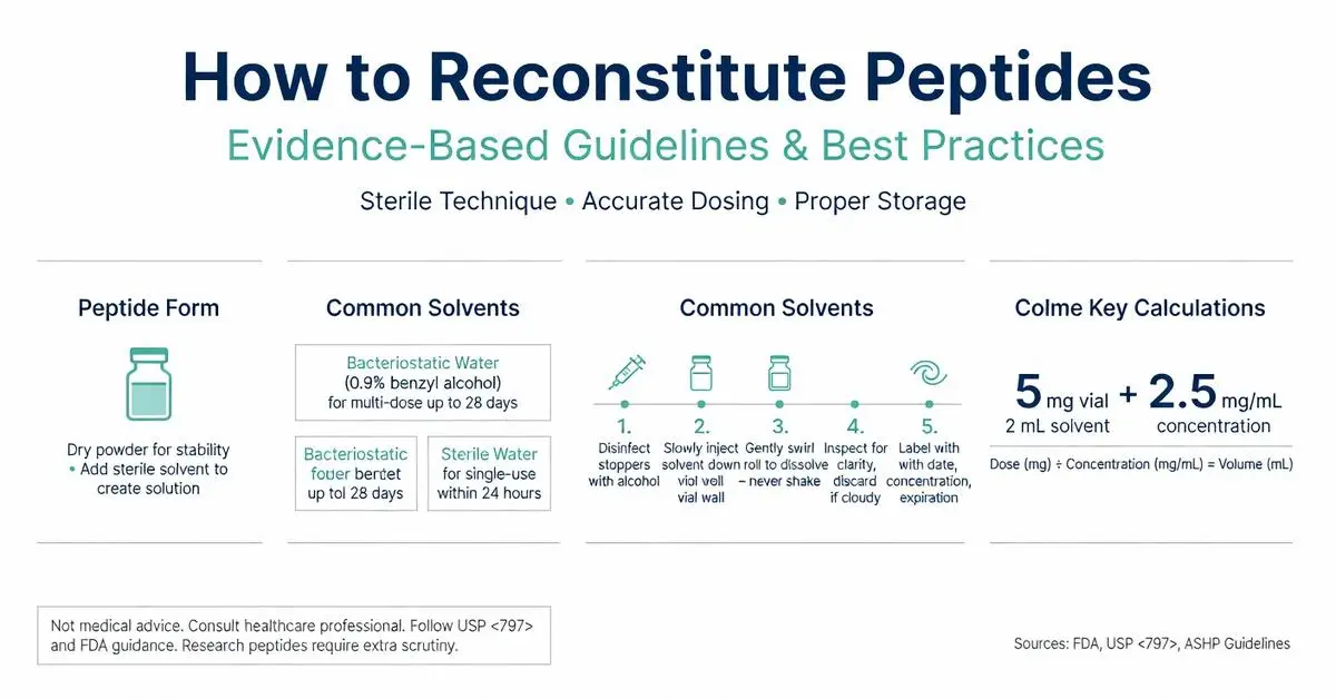 How to reconstitute peptides infographic showing evidence-based guidelines, bacteriostatic water solvents, 5-step sterile process, dosage calculations and best practices for accurate peptide reconstitution