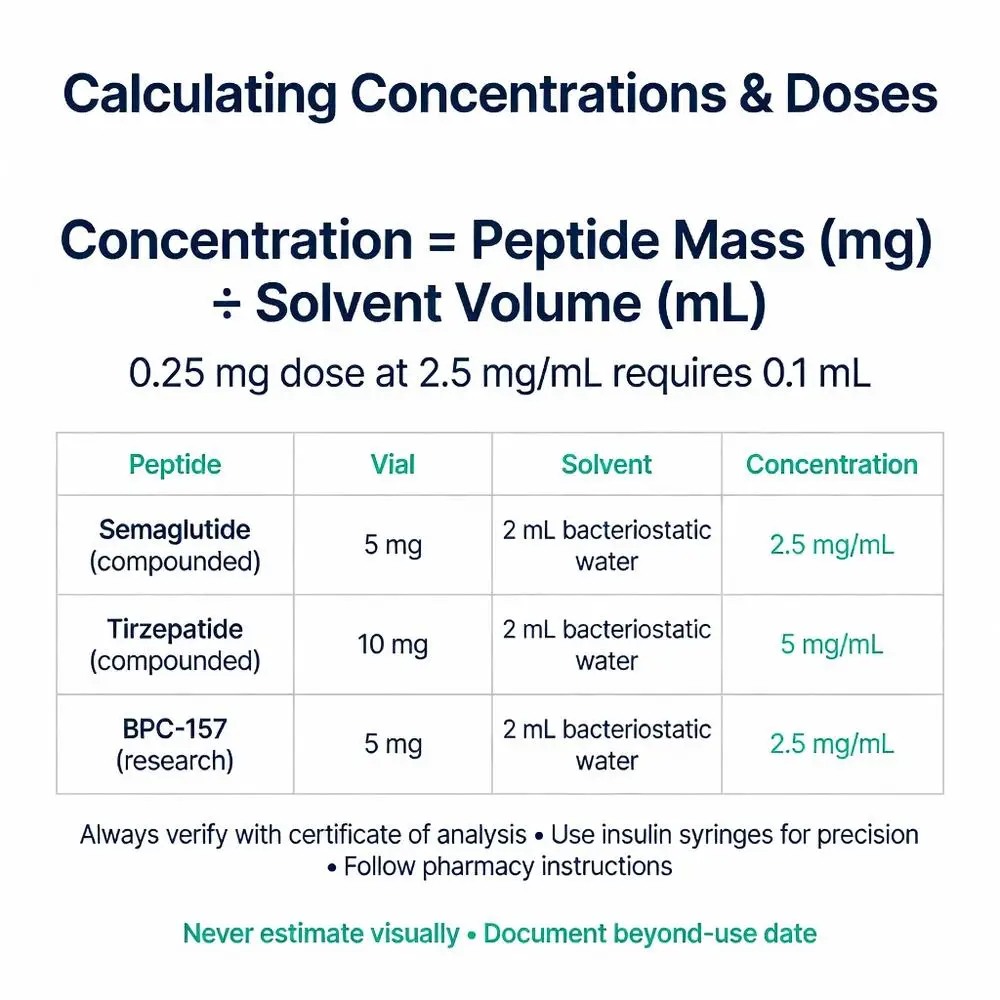 How to reconstitute peptides: concentration calculation chart showing formula, solvent volumes, and dosing for Semaglutide, Tirzepatide, and BPC-157