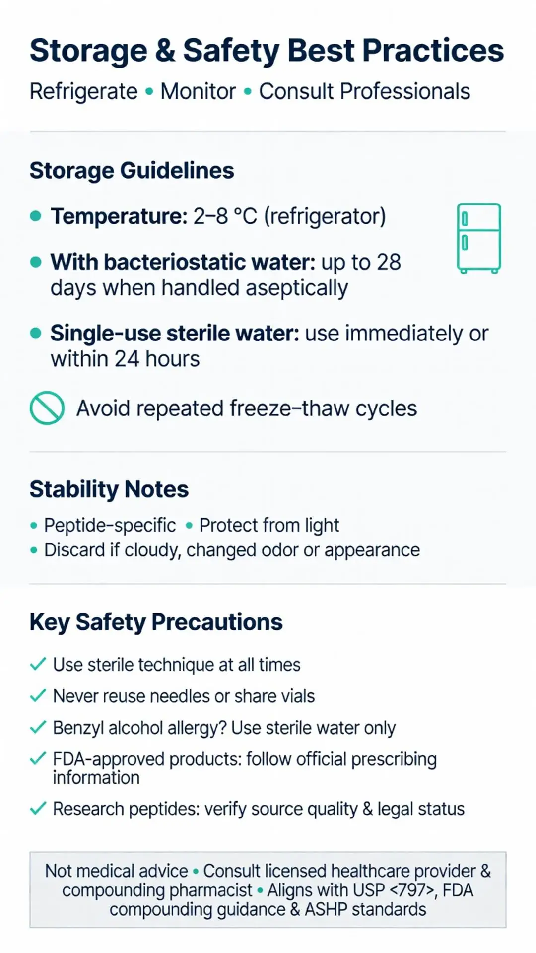 How to reconstitute peptides: complete storage and safety best practices guide showing refrigerator temperature 2-8°C, bacteriostatic water guidelines, stability notes, and sterile technique precautions