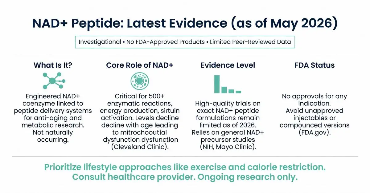NAD+ peptide infographic showing latest evidence as of May 2026 on engineered NAD+ peptide delivery systems, core cellular role, limited clinical trial data, and FDA status with no approved products