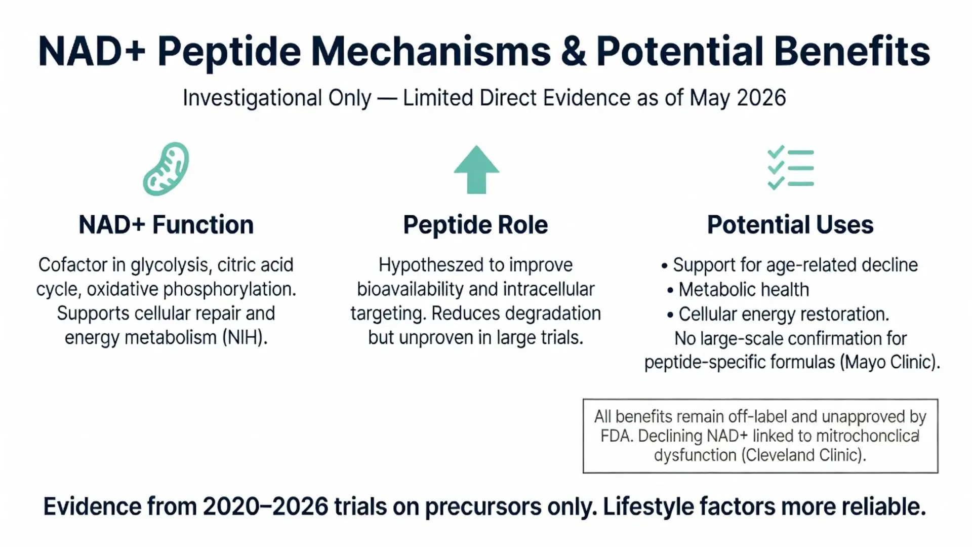 NAD+ peptide mechanisms and potential benefits infographic detailing cellular energy metabolism, bioavailability, age-related decline support, and metabolic health with 2026 research disclaimers