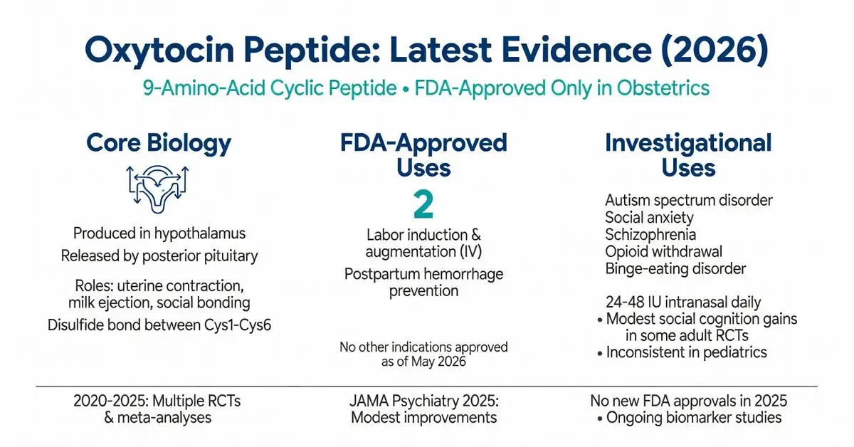 Oxytocin peptide infographic: latest 2026 evidence on 9-amino acid cyclic peptide, core biology, FDA-approved obstetric uses, and investigational applications for autism spectrum disorder, social anxiety, and schizophrenia
