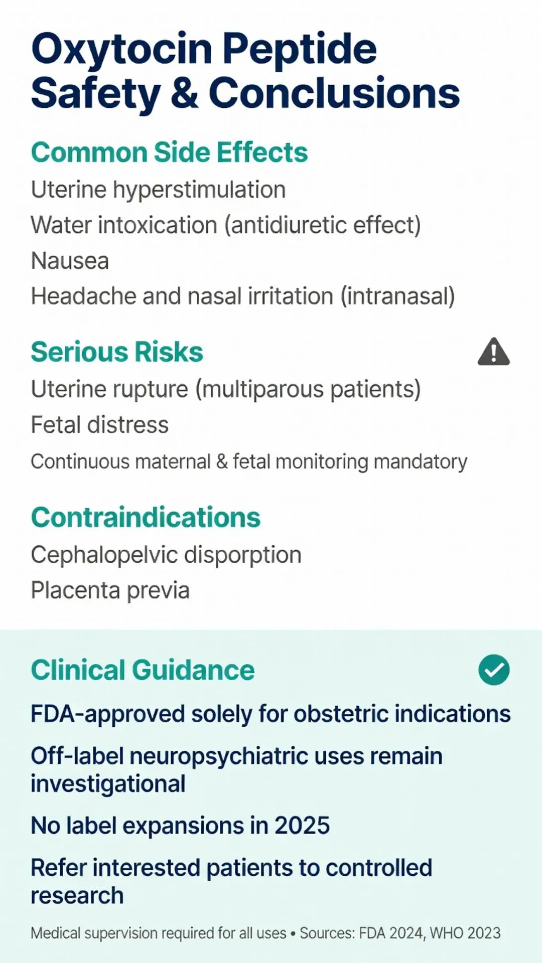 Oxytocin peptide safety and conclusions infographic detailing side effects, serious risks, contraindications, FDA-approved obstetric uses and investigational neuropsychiatric applications