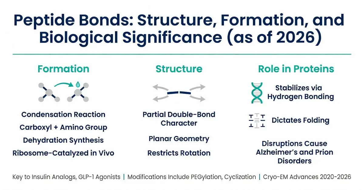 Peptide bonds infographic detailing formation via condensation reaction and dehydration synthesis, partial double-bond structure with planar geometry, and role in protein folding, hydrogen bonding, Alzheimer's, and prion disorders as of 2026