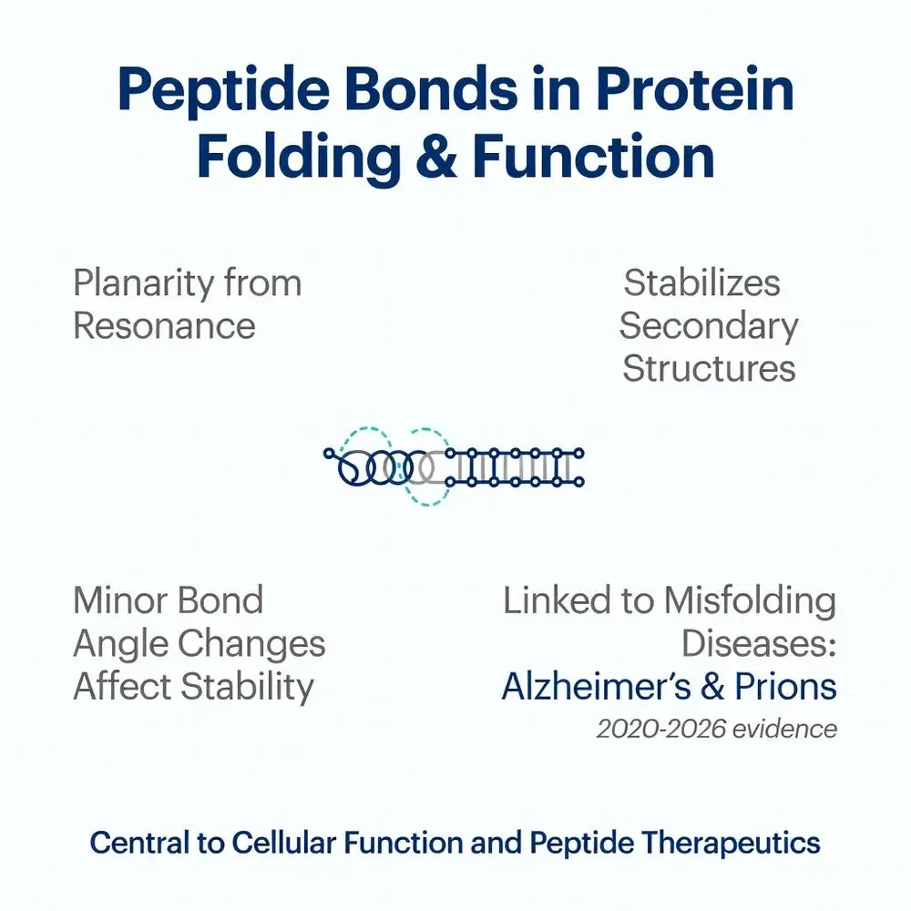 Peptide bonds in protein folding and function diagram showing planarity from resonance, stabilization of secondary structures, minor bond angle changes affecting stability, and links to misfolding diseases like Alzheimer’s and prions