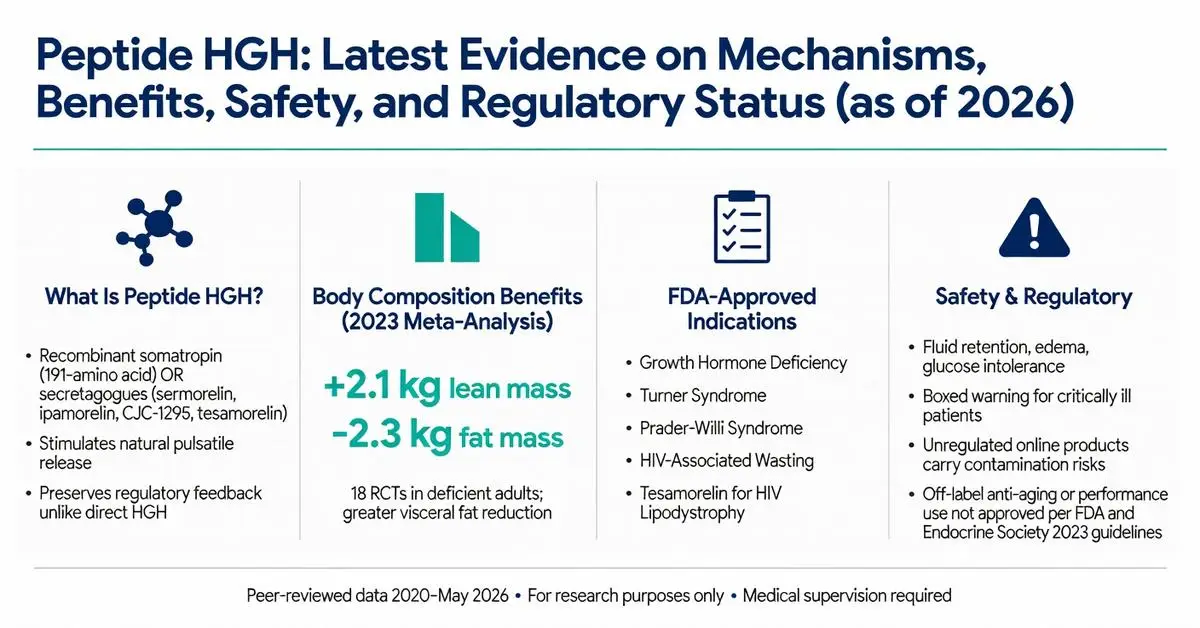 Peptide HGH infographic showing latest 2026 evidence on mechanisms, body composition benefits including +2.1kg lean mass and -2.3kg fat loss, FDA-approved indications, safety warnings, and regulatory status
