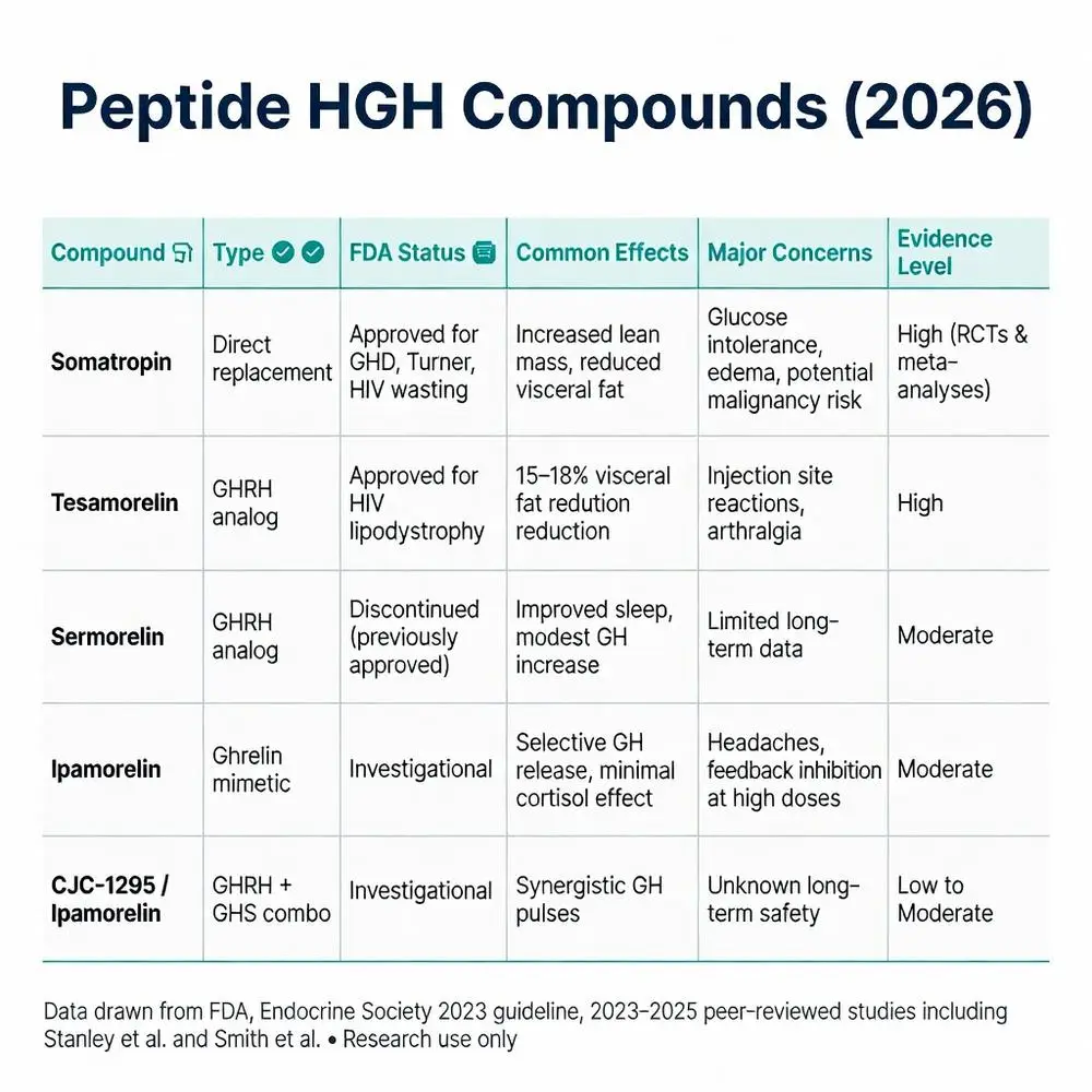 Peptide HGH compounds table 2026 comparing Somatropin, Tesamorelin, Sermorelin, Ipamorelin and CJC-1295 for FDA status, effects, concerns and evidence levels