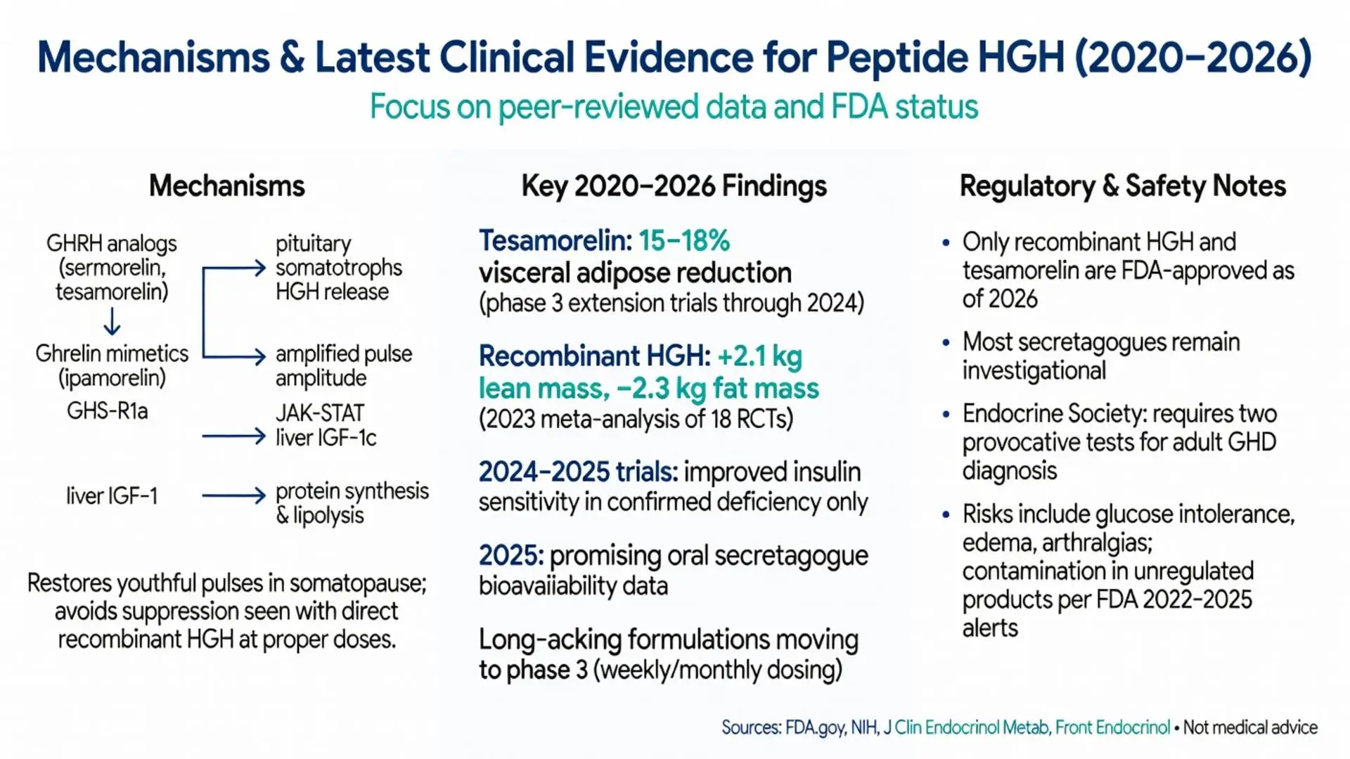 Infographic on peptide HGH mechanisms, 2020-2026 clinical evidence, tesamorelin visceral fat reduction, recombinant HGH lean mass gains, and FDA regulatory status