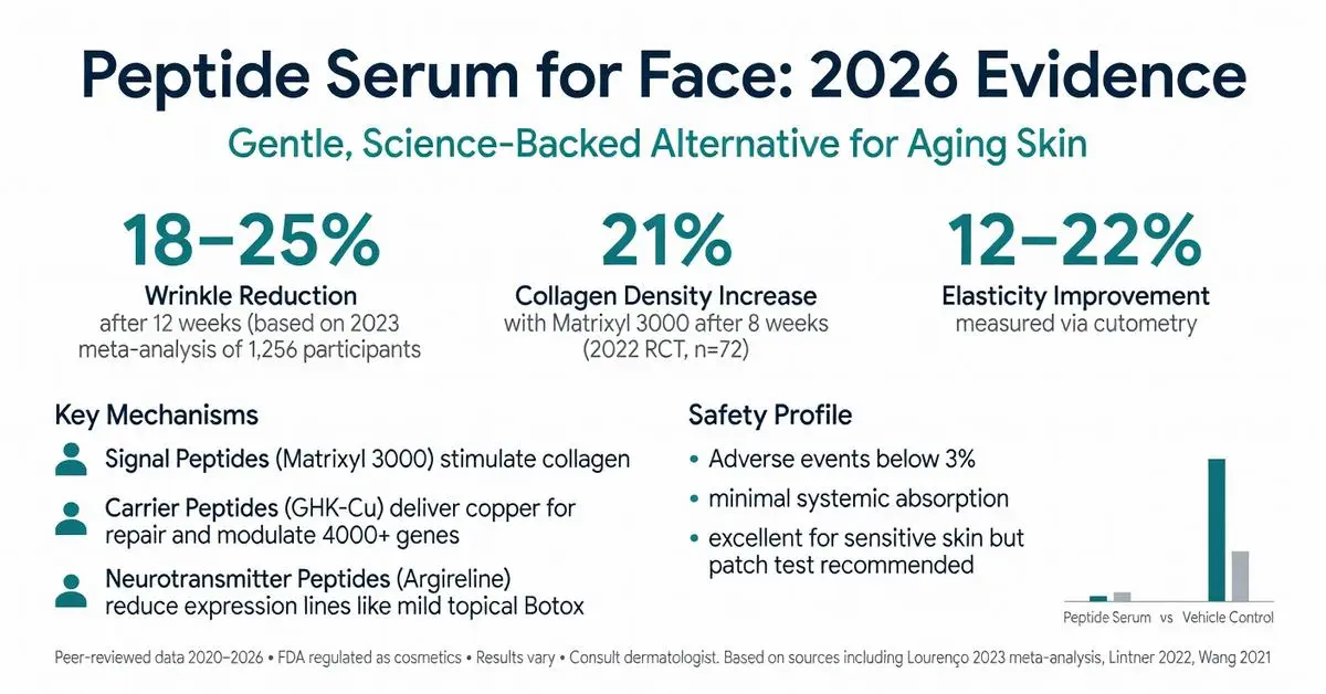 Peptide serum for face 2026 evidence infographic showing 18-25% wrinkle reduction, 21% collagen density increase with Matrixyl 3000, 12-22% elasticity improvement, key mechanisms, and safety profile for anti-aging skincare