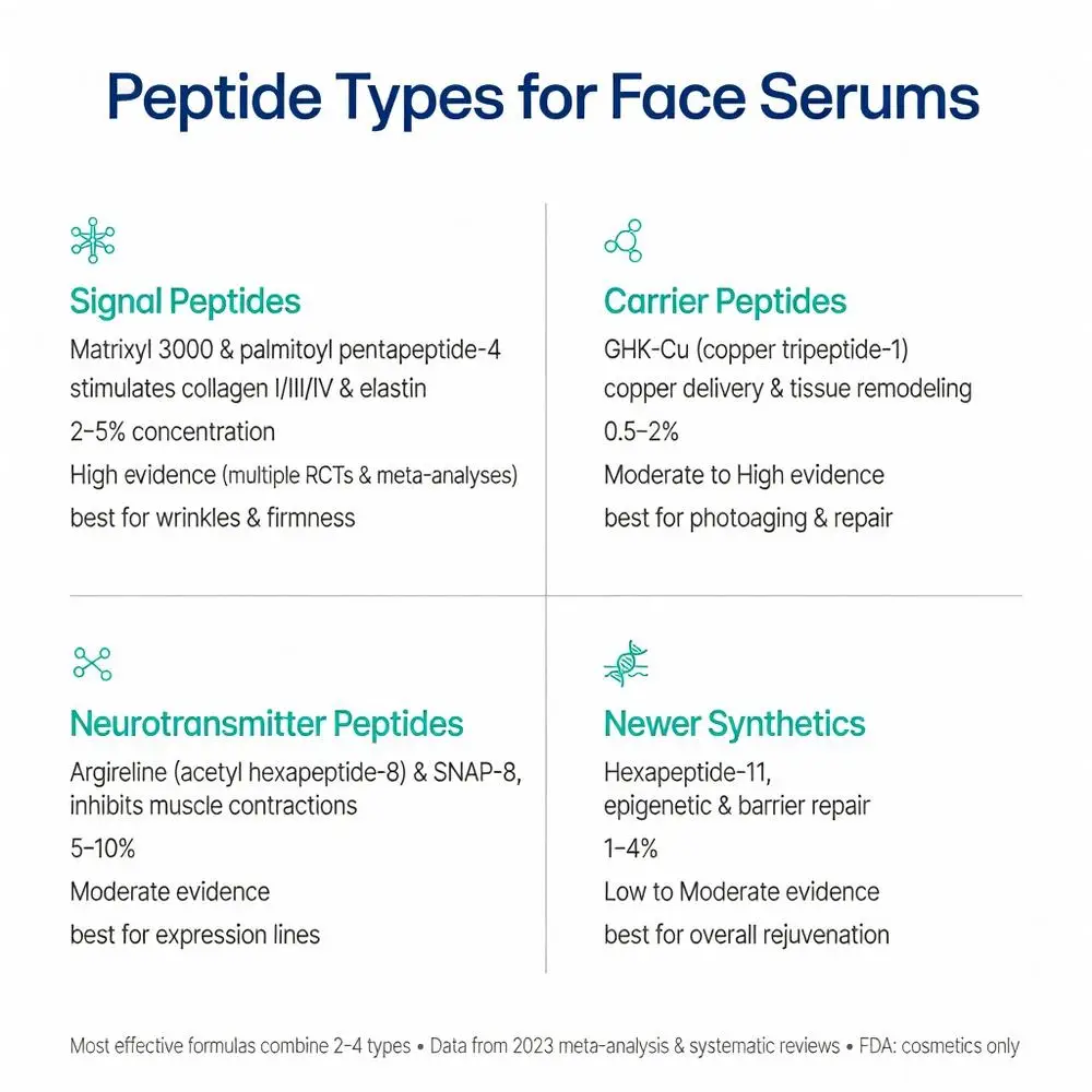 Infographic detailing peptide types for face serums including signal peptides like Matrixyl 3000, carrier peptides GHK-Cu, neurotransmitter peptides Argireline, and newer synthetics for the best peptide serum for face anti-aging results