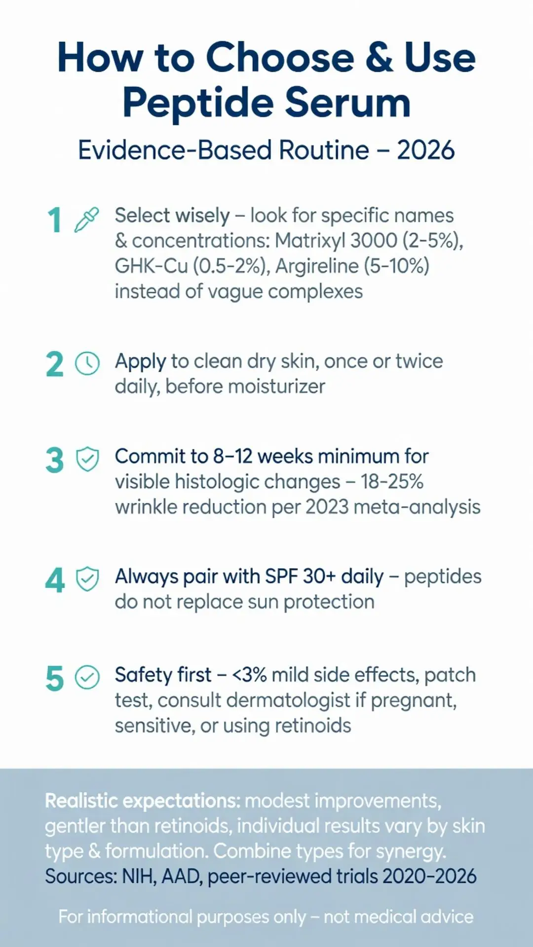 How to choose and use peptide serum for face - 2026 evidence-based routine infographic with 5 steps, Matrixyl 3000, GHK-Cu, Argireline concentrations, wrinkle reduction results and safety tips