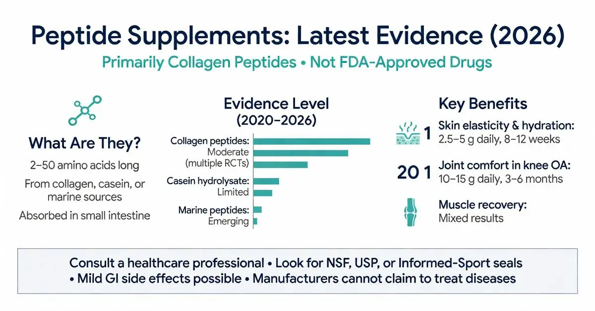 Peptide supplement infographic: Latest 2026 evidence on collagen peptides, casein hydrolysate and marine peptides showing benefits for skin elasticity, joint comfort in knee OA, muscle recovery, dosages and RCT evidence levels