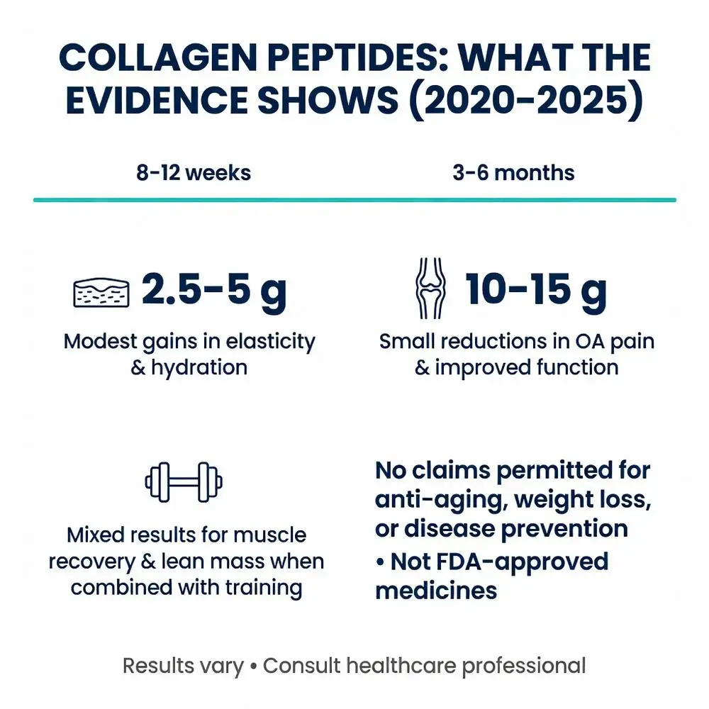 Collagen peptide supplement evidence infographic 2020-2025 showing dosages for skin elasticity, joint pain relief, muscle recovery and important disclaimers