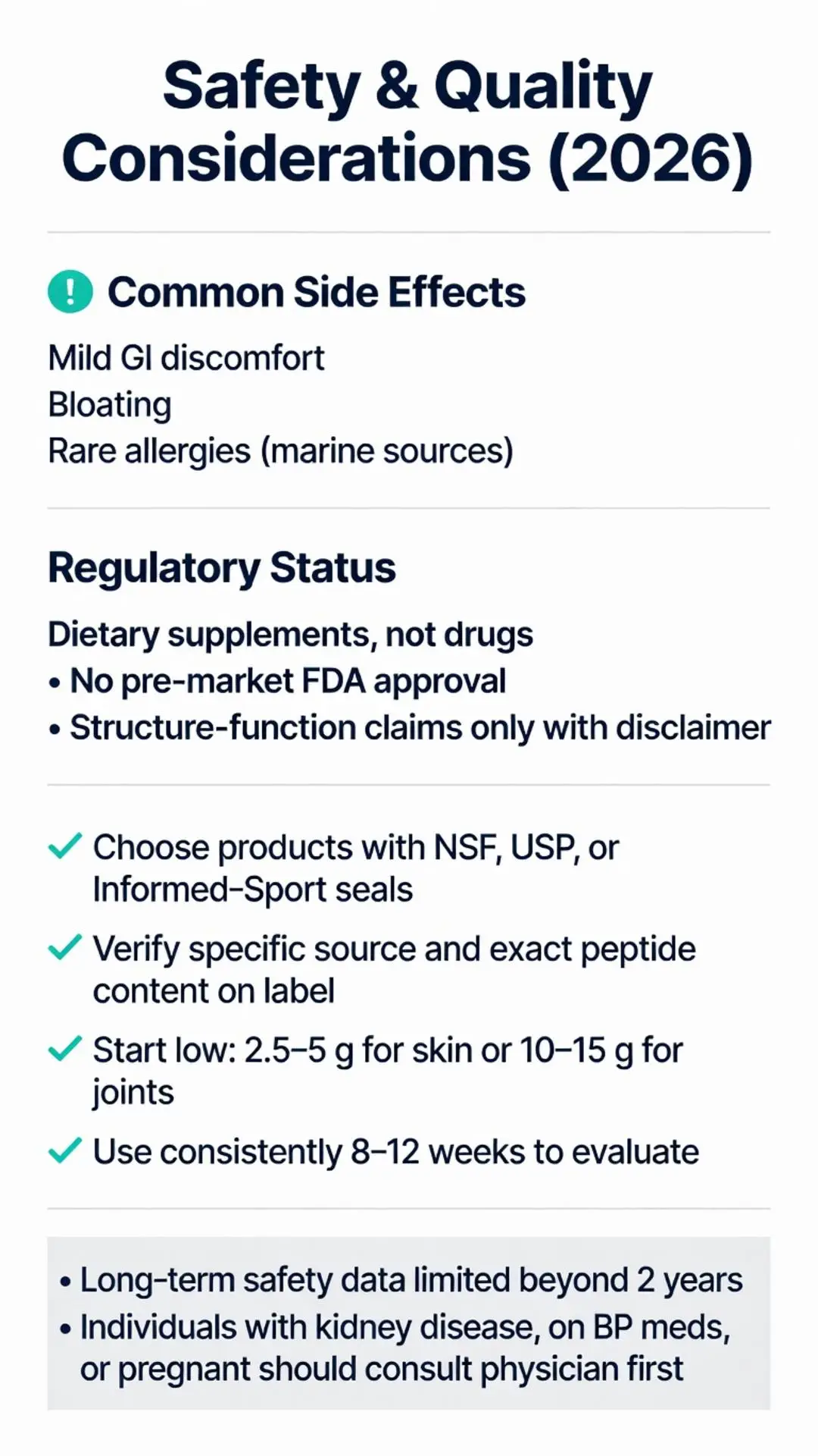 Peptide supplement safety and quality considerations 2026 infographic showing side effects, regulatory status, NSF USP seals, dosing for skin and joints, and usage guidelines