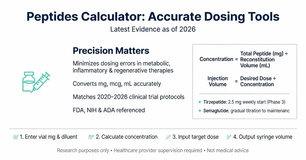Peptides calculator showing accurate dosing formulas, concentration calculator, and injection volume tools for Tirzepatide and Semaglutide with 2026 clinical evidence