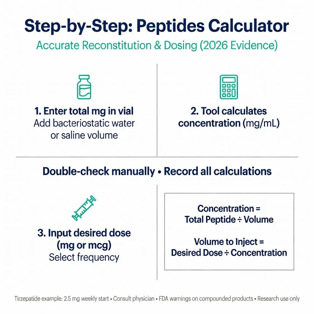Peptides calculator infographic showing step-by-step guide for accurate reconstitution, concentration calculation in mg/mL, and precise dosing with formulas and Tirzepatide example