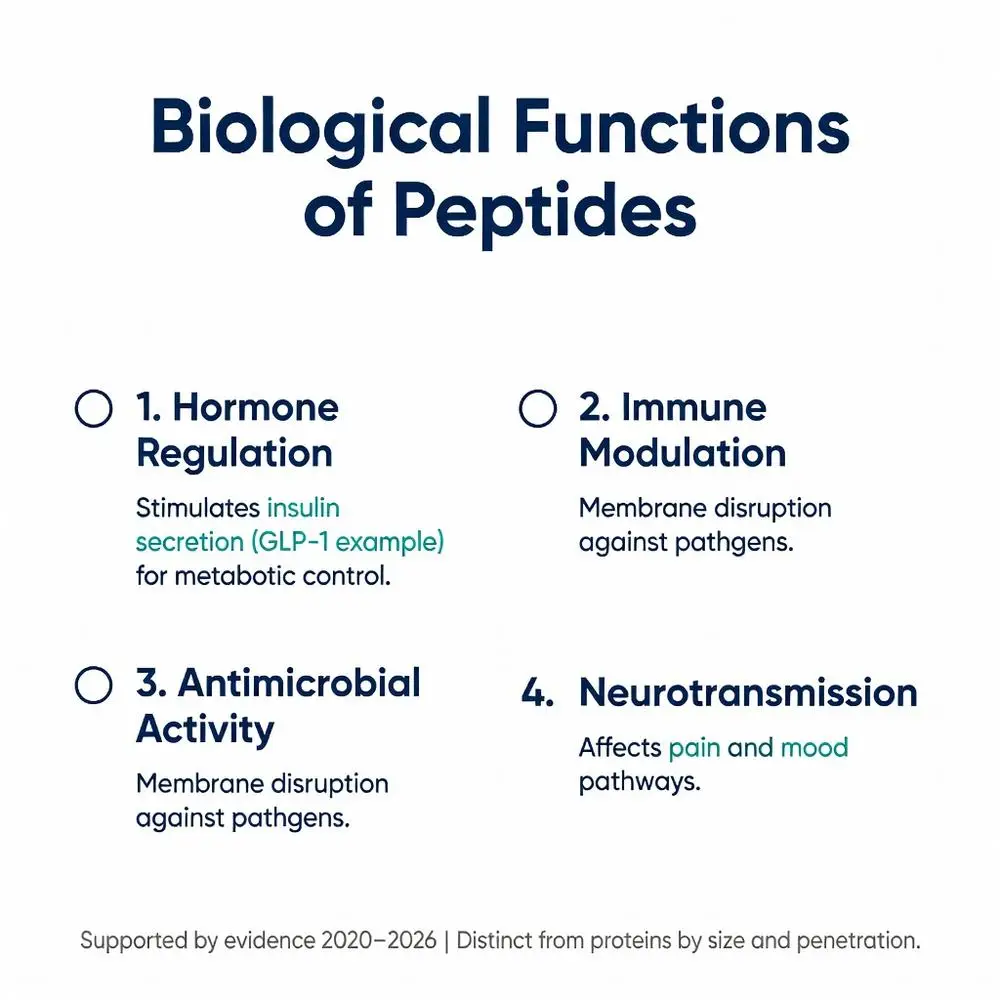 Peptides definition infographic showing 4 key biological functions: hormone regulation (insulin secretion GLP-1), immune modulation, antimicrobial activity via membrane disruption, and neurotransmission affecting pain and mood pathways