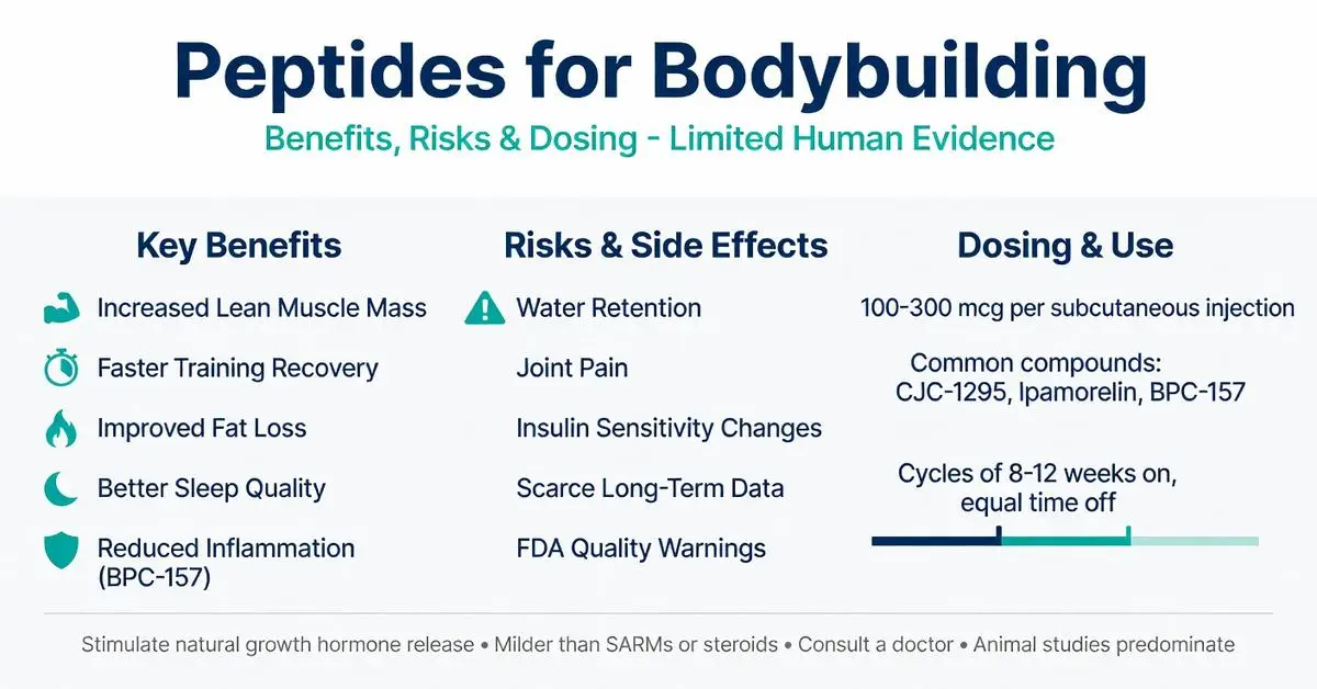 Peptides for bodybuilding infographic showing benefits like lean muscle growth and fat loss, risks, side effects, dosing for CJC-1295, Ipamorelin, BPC-157