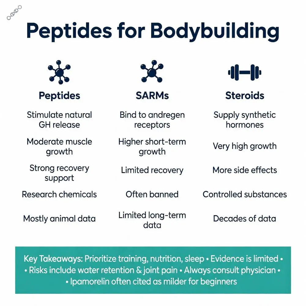 Peptides for bodybuilding infographic comparing peptides vs SARMs vs steroids on muscle growth, recovery, side effects, GH release and key takeaways like Ipamorelin for beginners