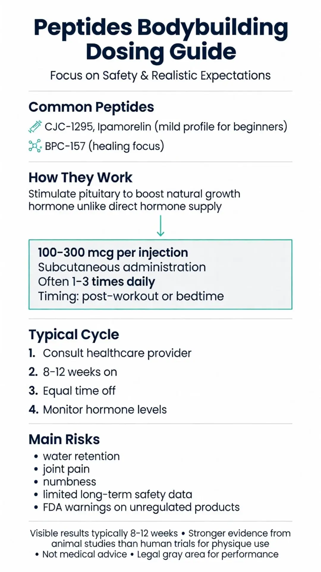 Peptides for bodybuilding dosing guide infographic showing CJC-1295, Ipamorelin, BPC-157 dosages, cycles, safety risks and realistic expectations