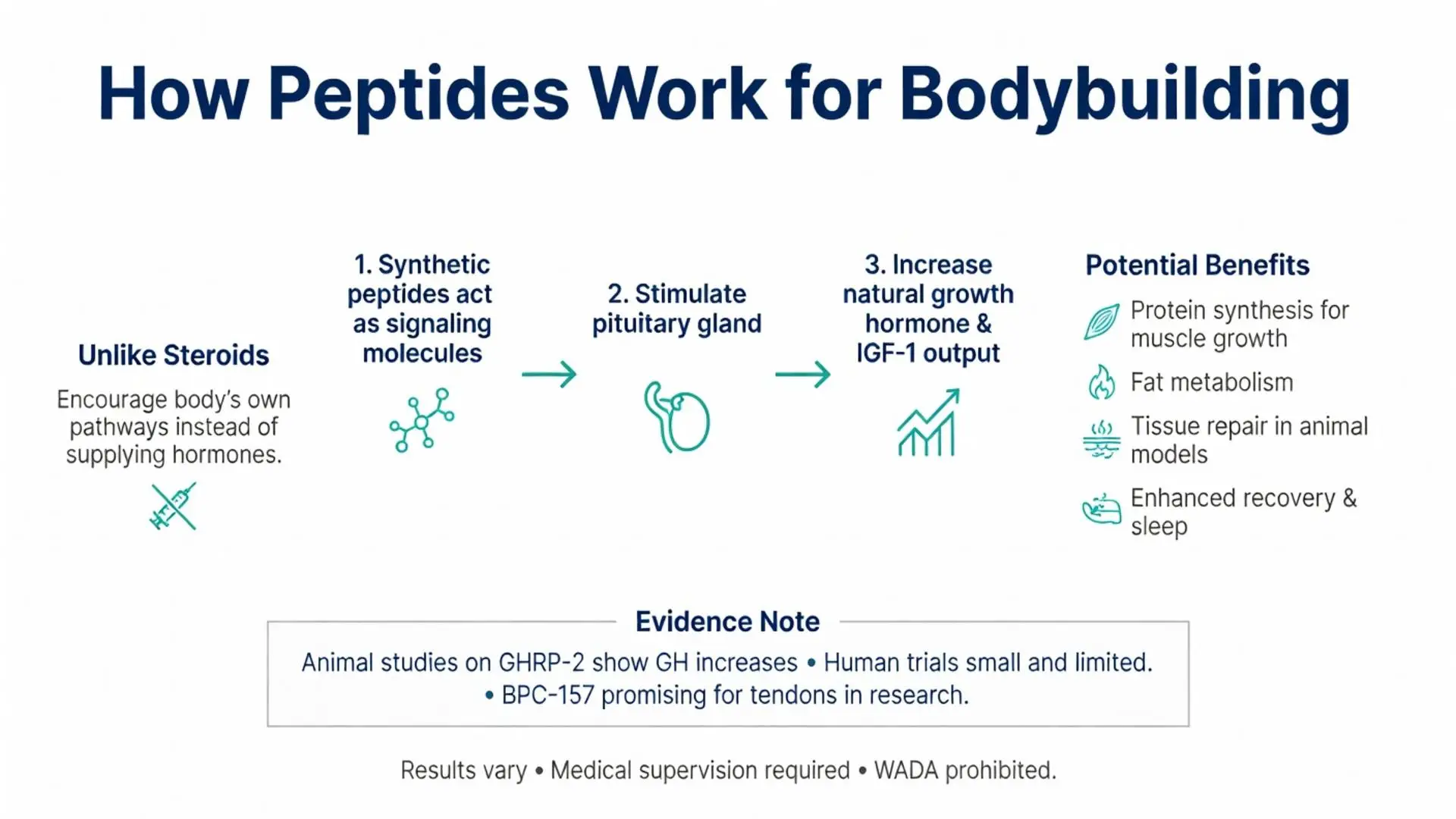 Infographic explaining how peptides for bodybuilding work: synthetic peptides stimulate the pituitary gland to boost natural growth hormone and IGF-1, unlike steroids, with benefits for muscle growth, fat loss, recovery and tissue repair