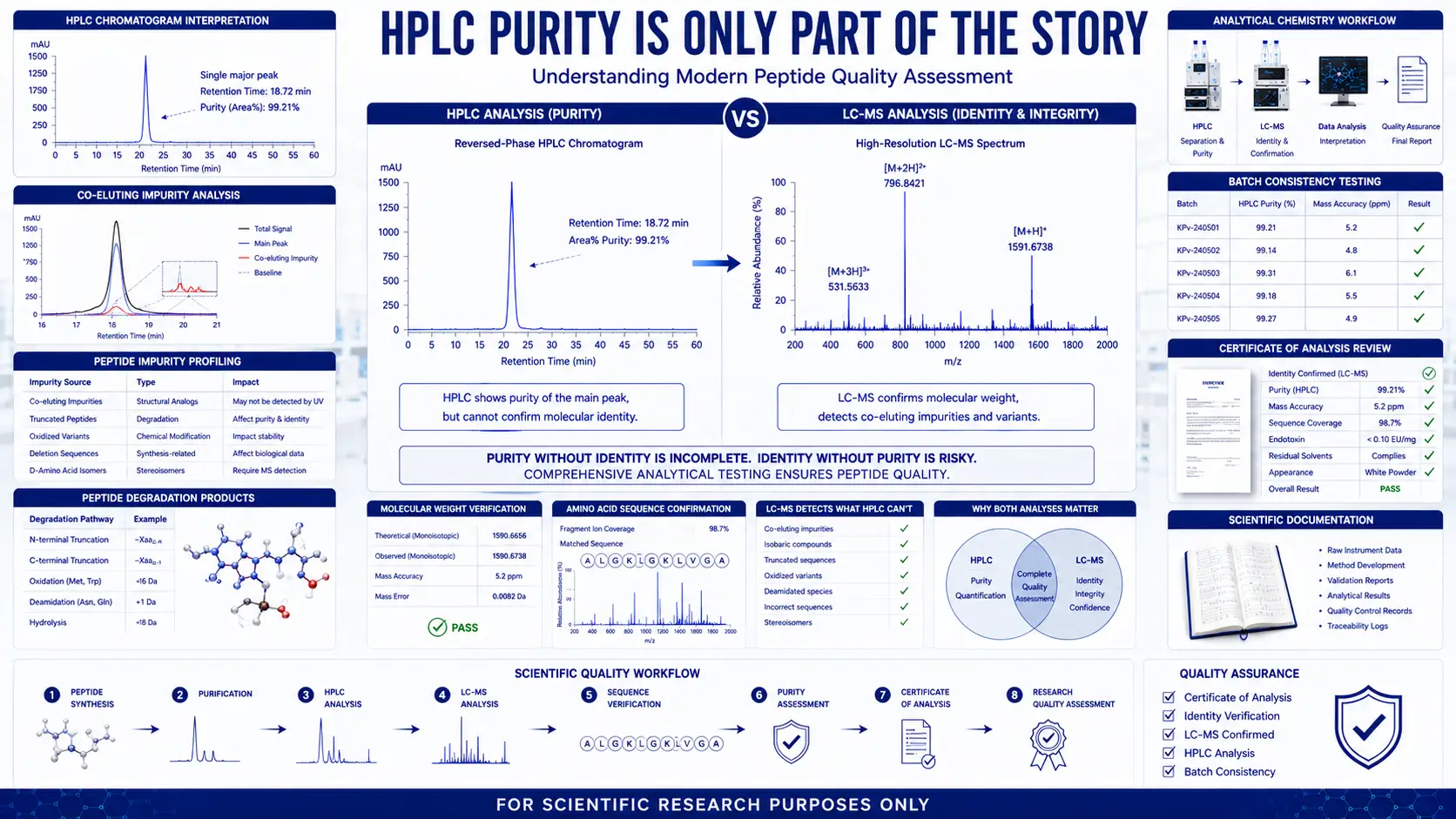 HPLC purity chromatogram and LC-MS spectrum illustrating comprehensive peptide quality assessment in a modern analytical chemistry laboratory.