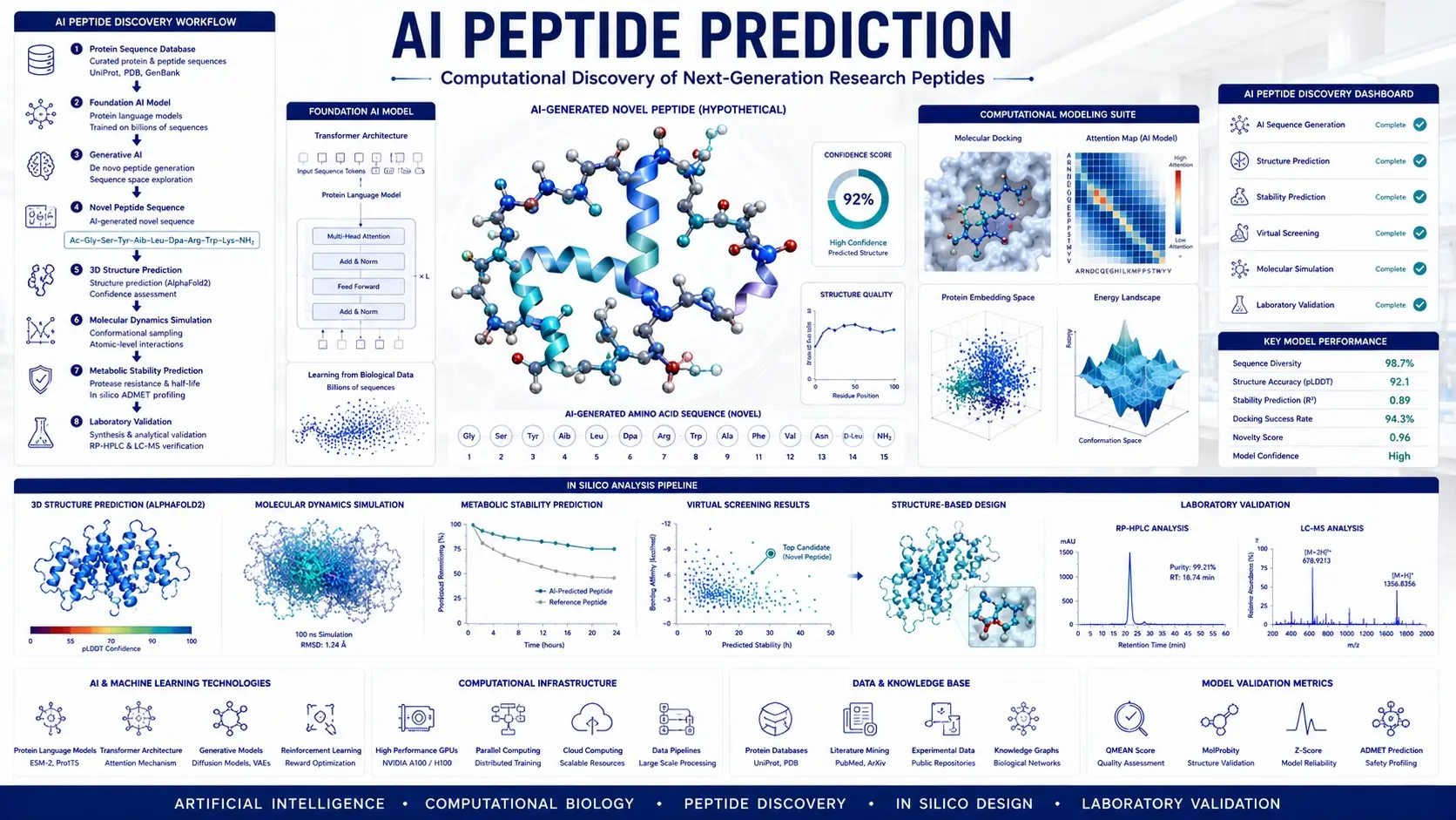 Scientific infographic illustrating AI peptide prediction, computational peptide discovery, neural networks, protein language models, molecular ribbon structures, peptide design algorithms, AlphaFold-inspired structural prediction, and biotechnology laboratory research.