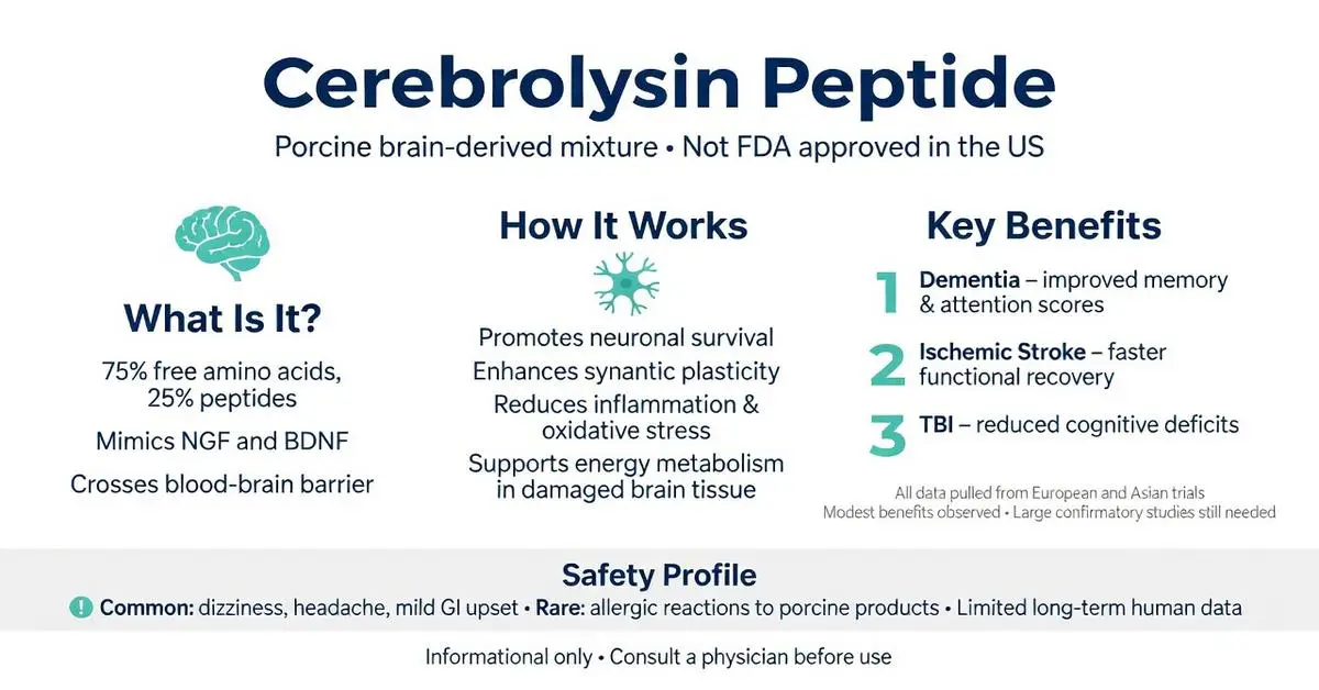Cerebrolysin peptide infographic detailing what it is, how it works, key benefits for dementia, ischemic stroke and TBI, plus safety profile