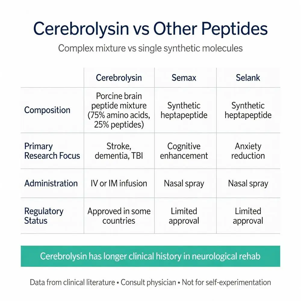 Cerebrolysin peptide vs Semax and Selank comparison table showing composition, research focus, administration methods and regulatory status for neurological health