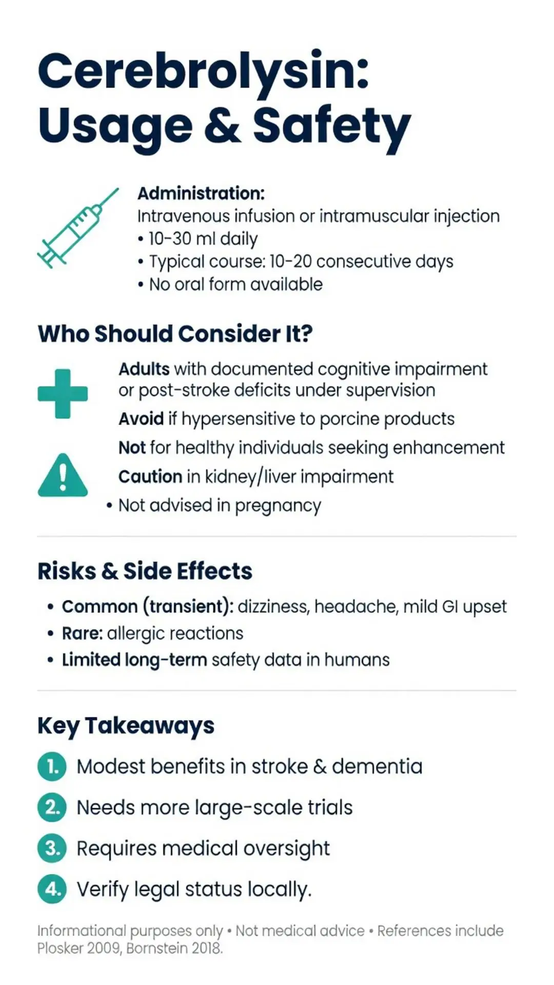 Cerebrolysin peptide usage and safety infographic detailing administration, dosage, who should consider it, risks, side effects, and key takeaways for cognitive impairment and stroke recovery
