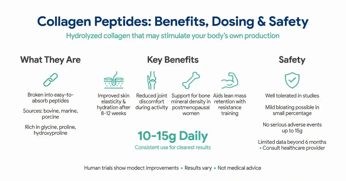 Collagen peptides benefits infographic showing improved skin elasticity, joint support, bone density, lean mass, 10-15g daily dosing and safety data for collagen and peptides