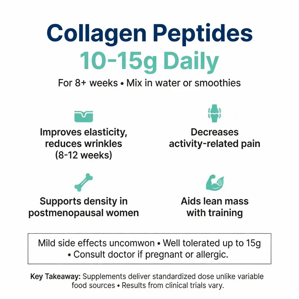 Collagen and peptides infographic showing 10-15g daily dosage benefits for skin elasticity, wrinkle reduction, joint pain relief, postmenopausal bone density, and lean muscle mass