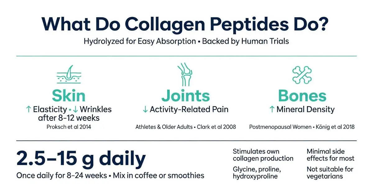 What do collagen peptides do infographic showing benefits for skin elasticity wrinkle reduction joint pain relief and bone mineral density with 2.5-15g daily dosage and clinical studies