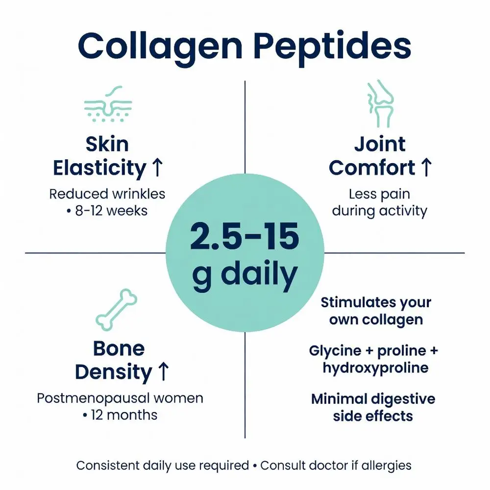 What do collagen peptides do? Infographic showing 2.5-15g daily dosage benefits for skin elasticity, joint comfort, bone density with timelines