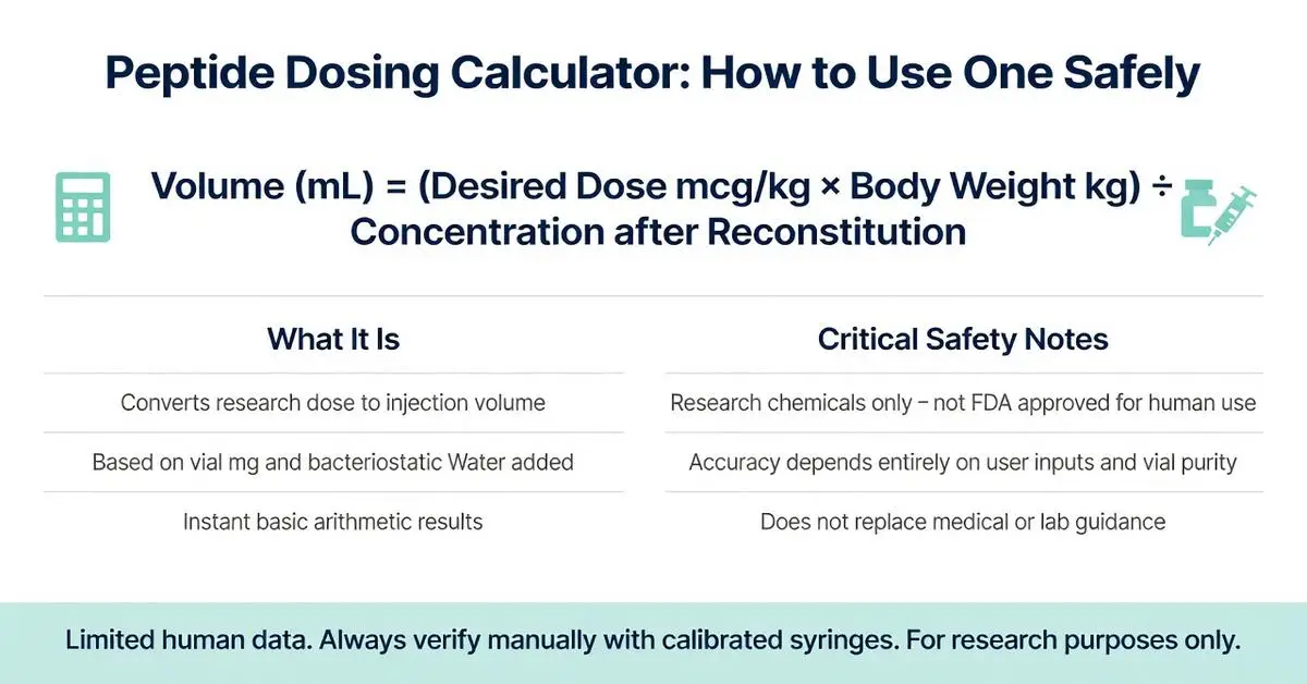 Peptide dosing calculator infographic showing the exact formula Volume (mL) = (Desired Dose mcg/kg × Body Weight kg) ÷ Concentration after Reconstitution plus critical safety notes for research use