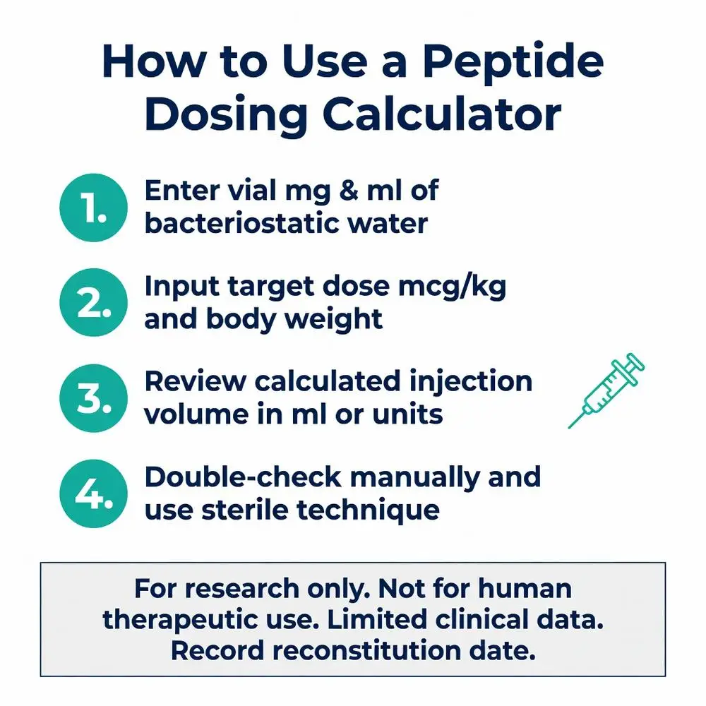 How to use a peptide dosing calculator infographic showing 4 steps to calculate injection volume from vial mg, bacteriostatic water, target dose mcg/kg and body weight