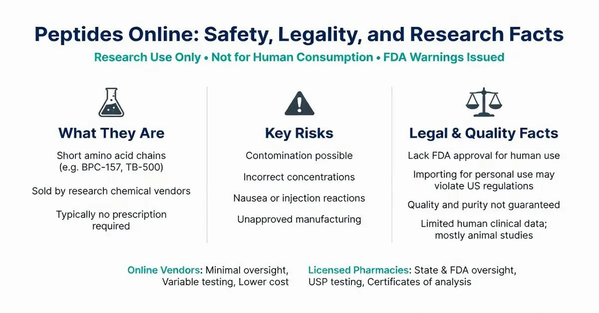Peptides online infographic: safety, legality, and research facts with FDA warnings, key risks, BPC-157, TB-500, online vendors vs licensed pharmacies