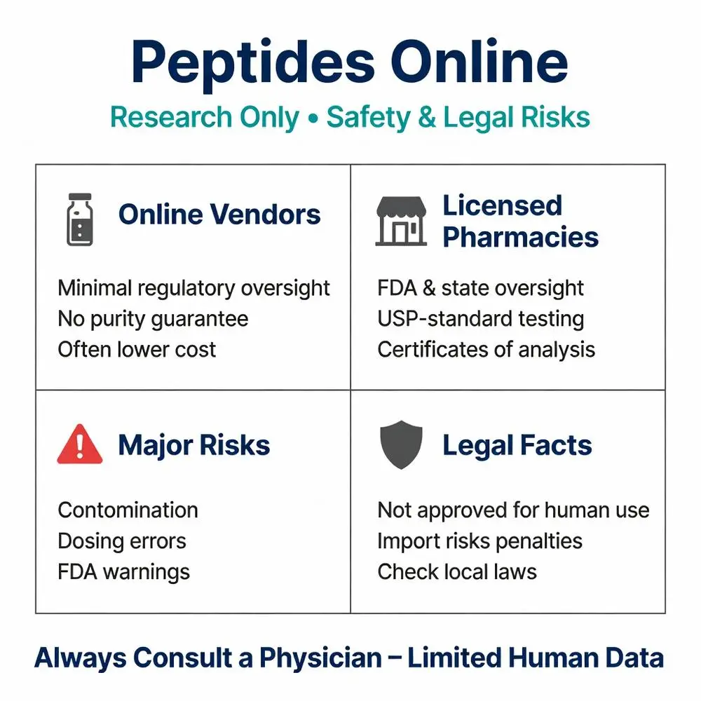 Peptides online research only safety and legal risks infographic comparing online vendors vs licensed pharmacies, major risks, FDA warnings, and legal facts
