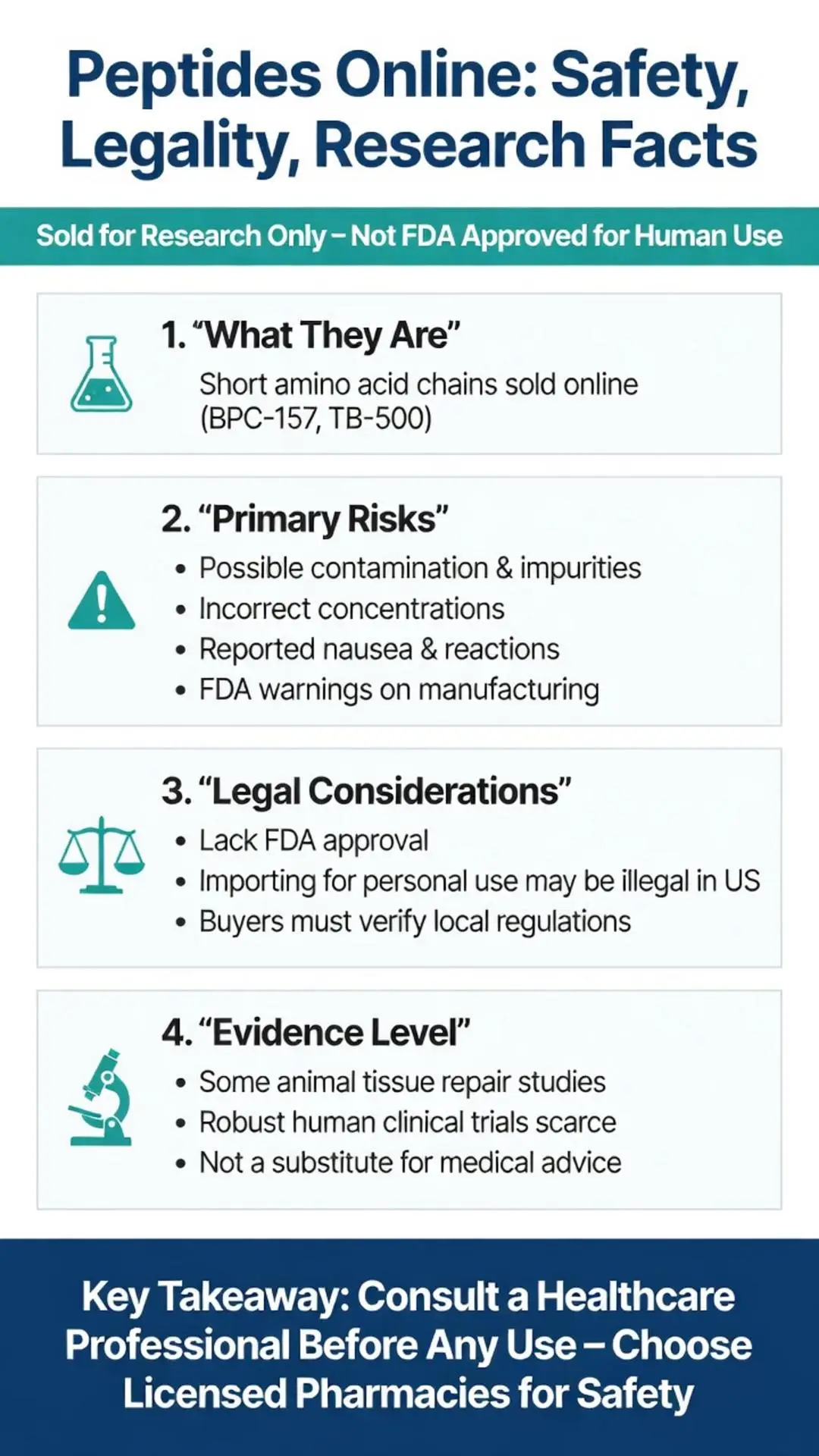 Peptides online safety legality and research facts infographic on BPC-157 TB-500 risks FDA warnings evidence levels and legal considerations