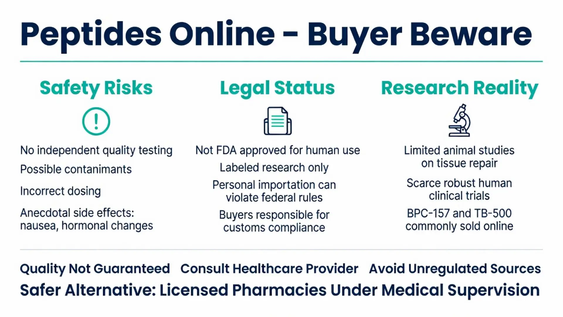 Peptides online buyer beware infographic detailing safety risks, legal status, research reality, BPC-157, TB-500, FDA warnings and safer licensed pharmacy alternatives