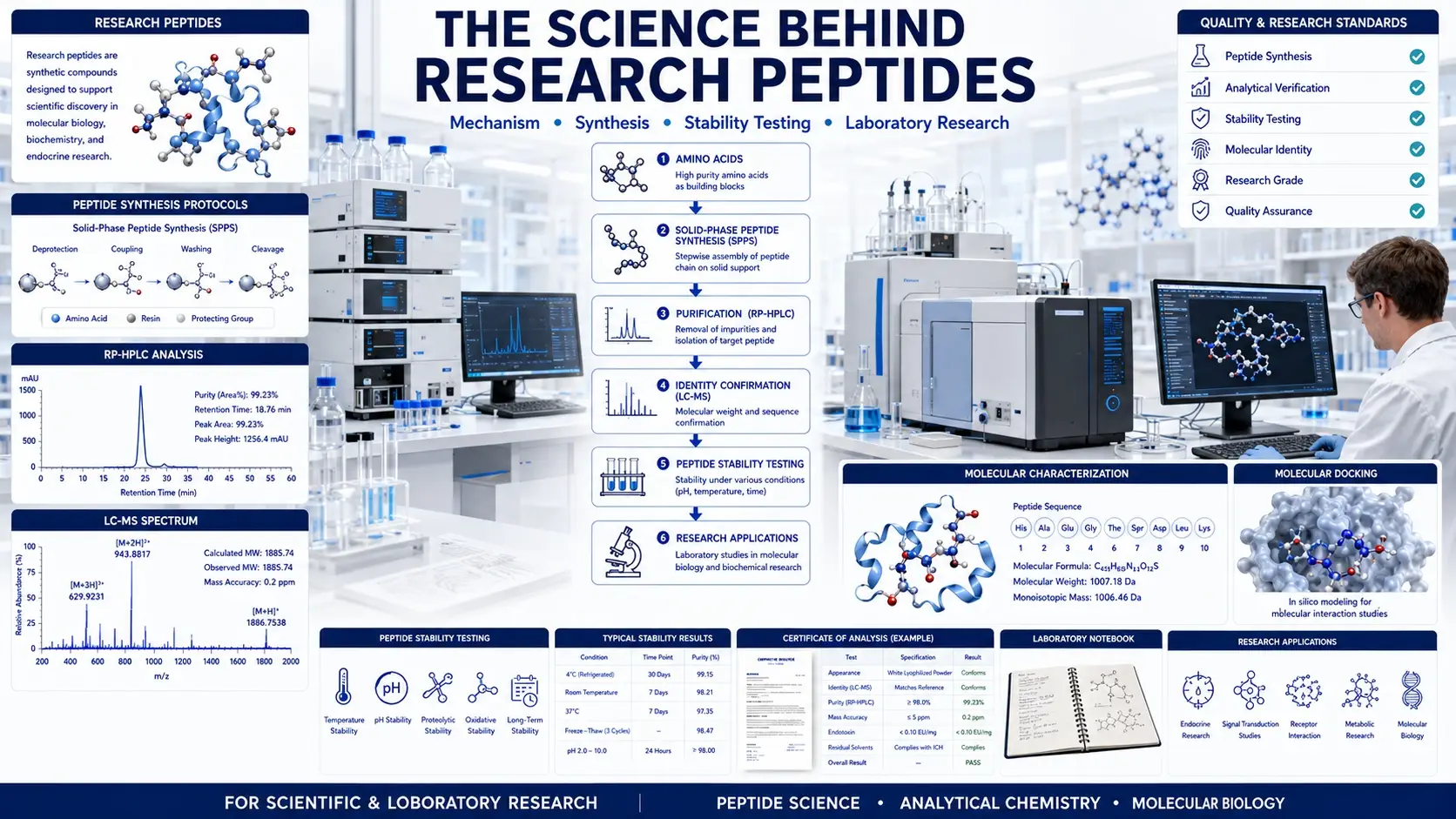 Scientific illustration showing research peptides, peptide synthesis, molecular structures, RP-HPLC chromatography, LC-MS peptide characterization, peptide stability testing, and laboratory analytical workflows.