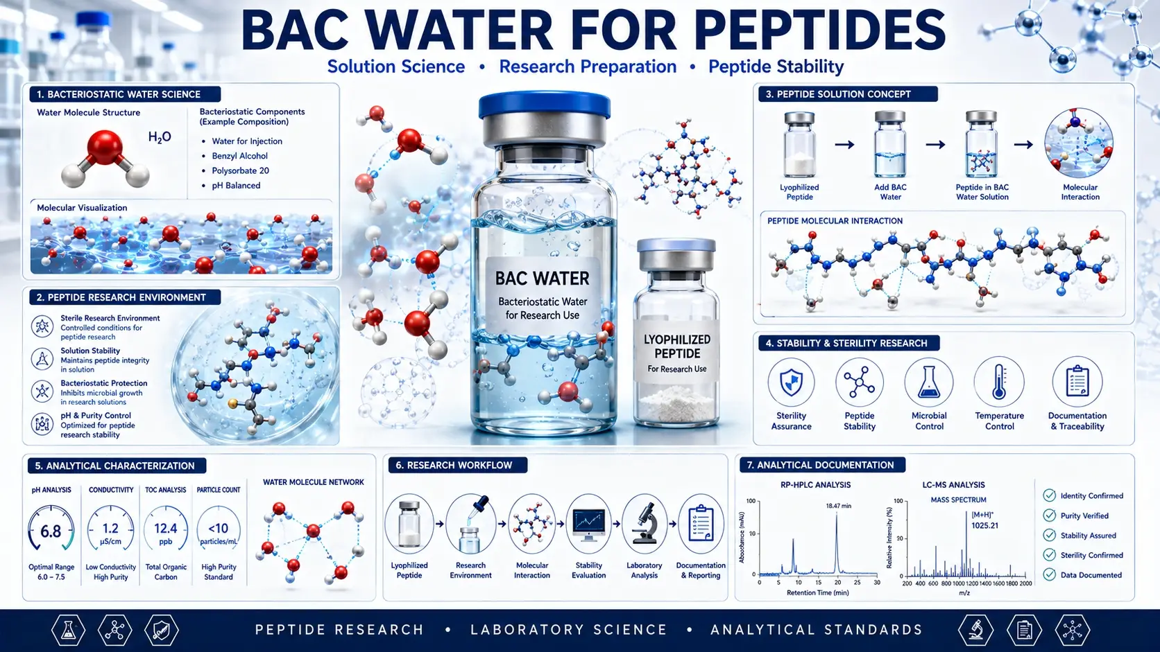 Scientific visualization of bac water for peptides research showing sterile laboratory solution vials, peptide preparation workflow, molecular water structure, laboratory analysis, and research environment.