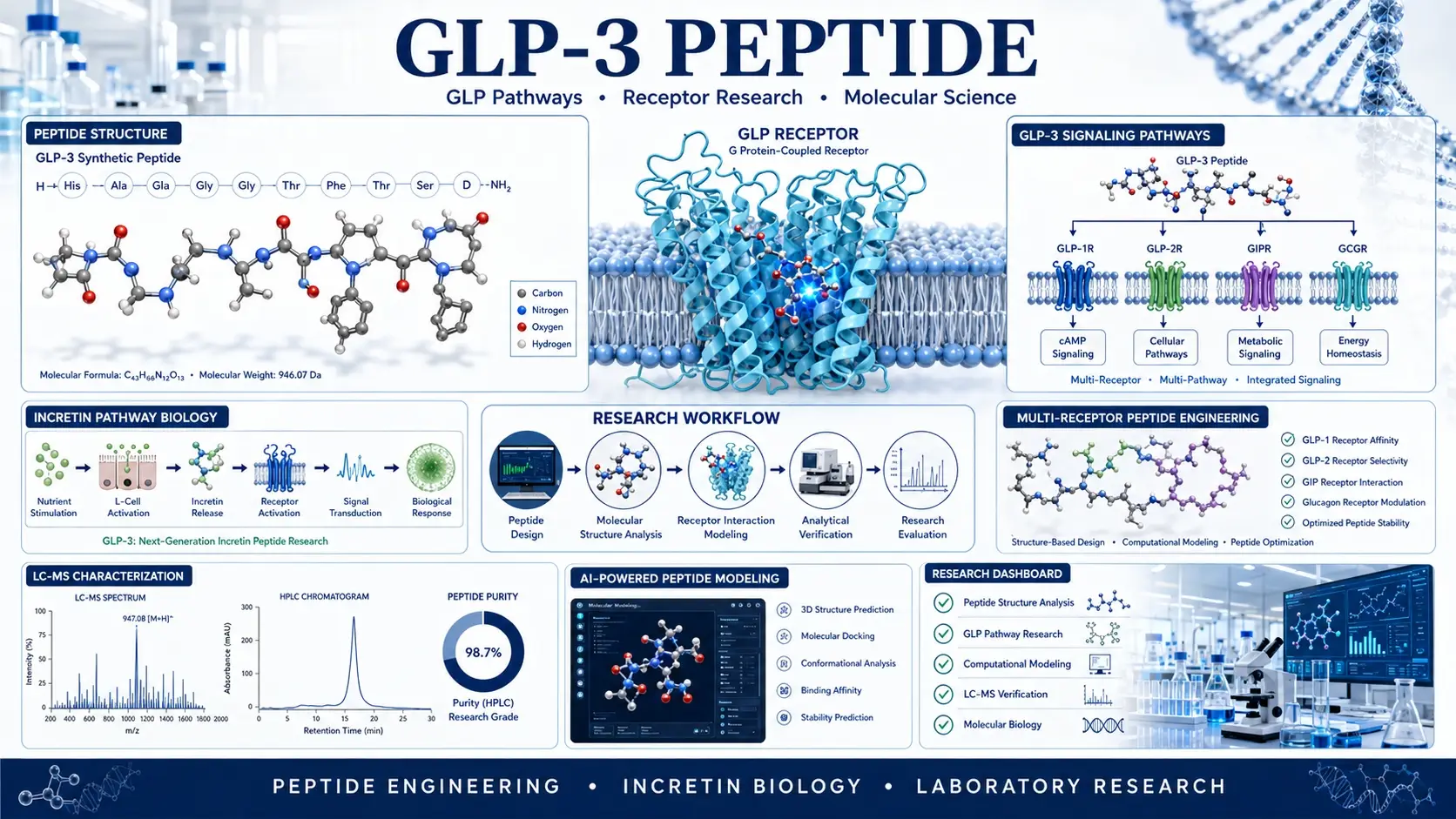 Scientific visualization of GLP-3 peptide research showing peptide molecular structures, GLP receptor pathways, incretin signaling studies, Retatrutide-related peptide research, and laboratory analysis.
