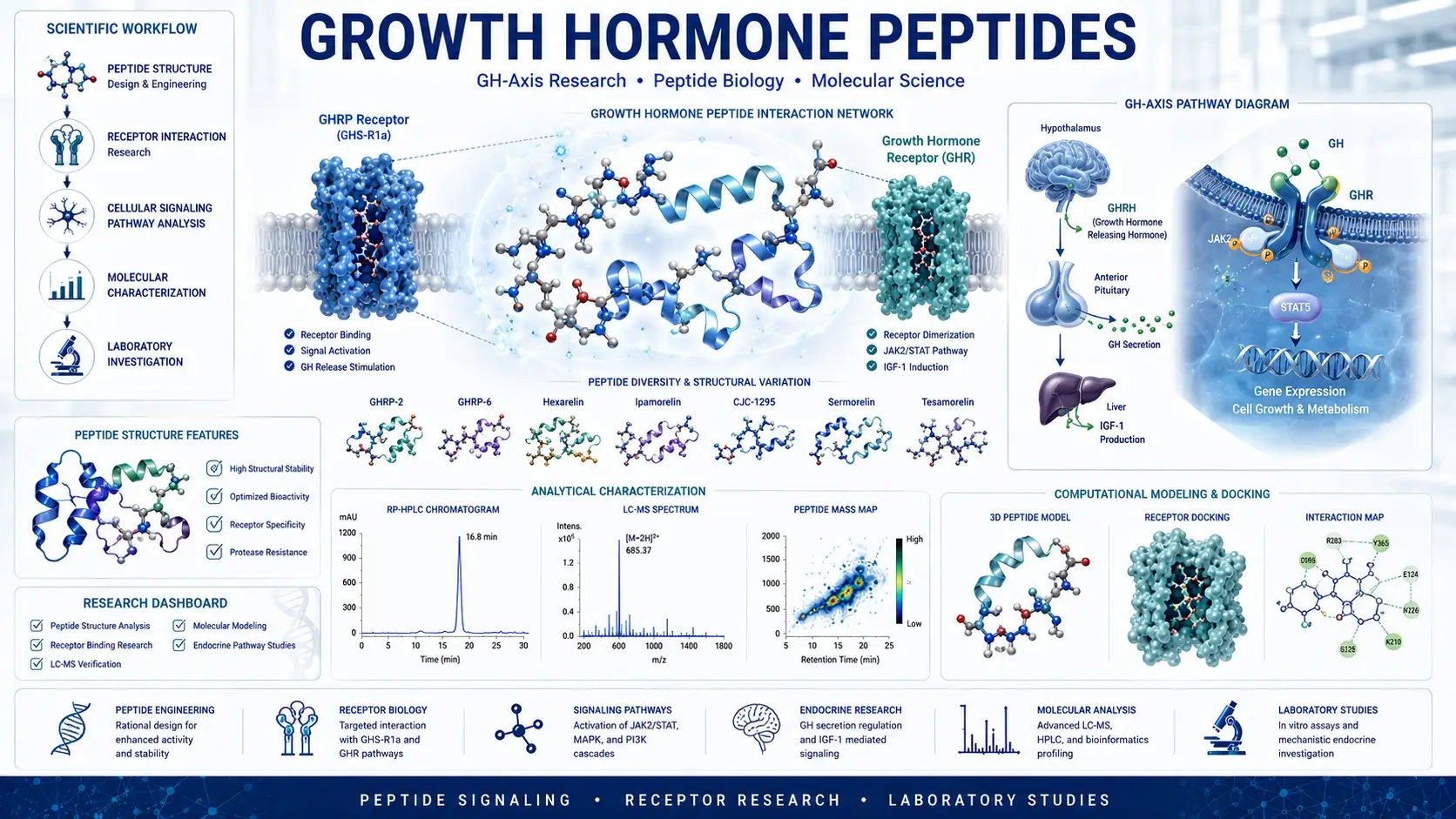 Scientific visualization of growth hormone peptides, GH-axis signaling pathways, peptide receptors, pituitary research models, molecular peptide structures, and laboratory biotechnology analysis.