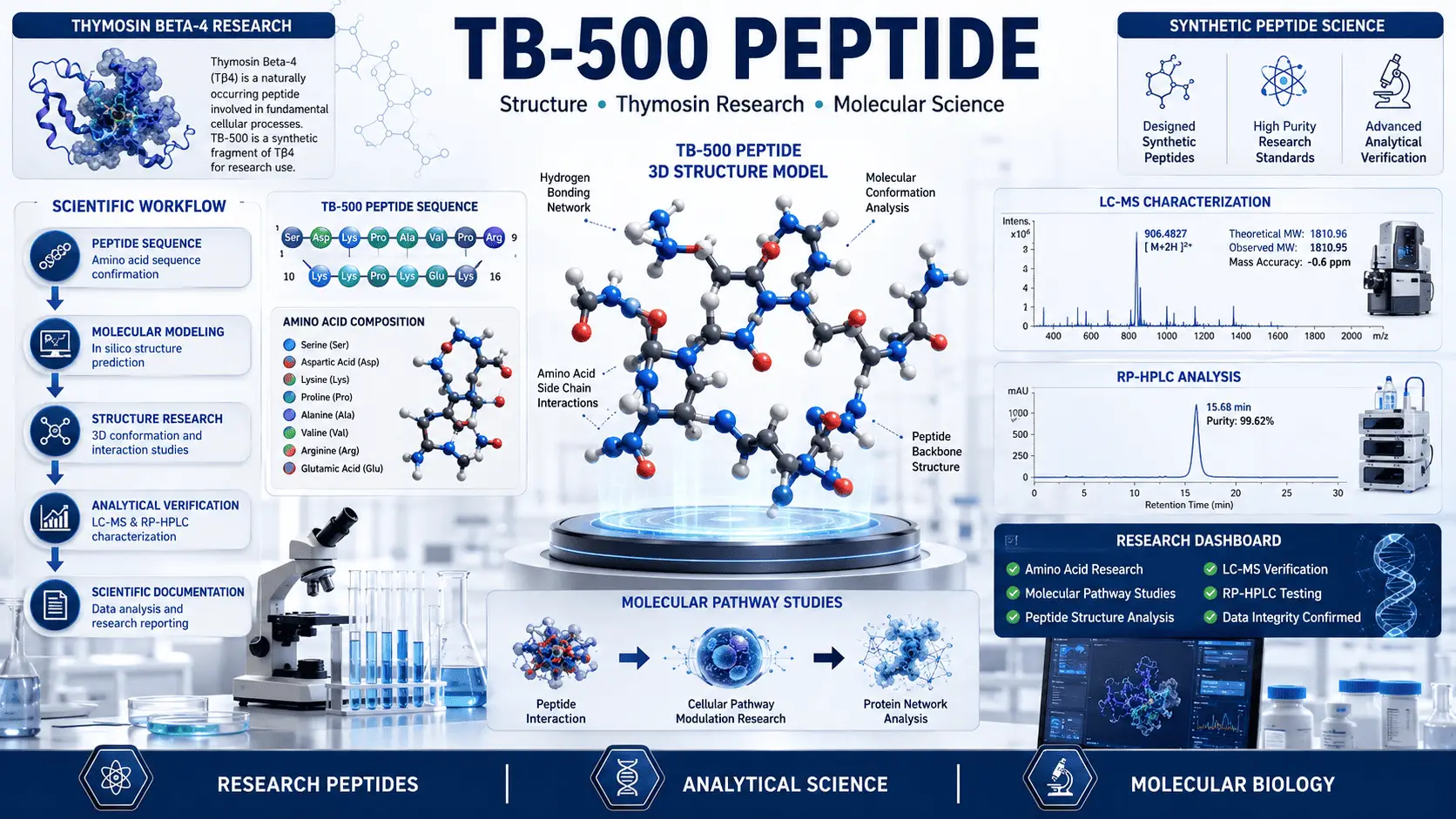 Scientific visualization of TB-500 peptide research showing Thymosin Beta-4 molecular structure, peptide sequence modeling, molecular pathway analysis, LC-MS testing, and computational peptide science.