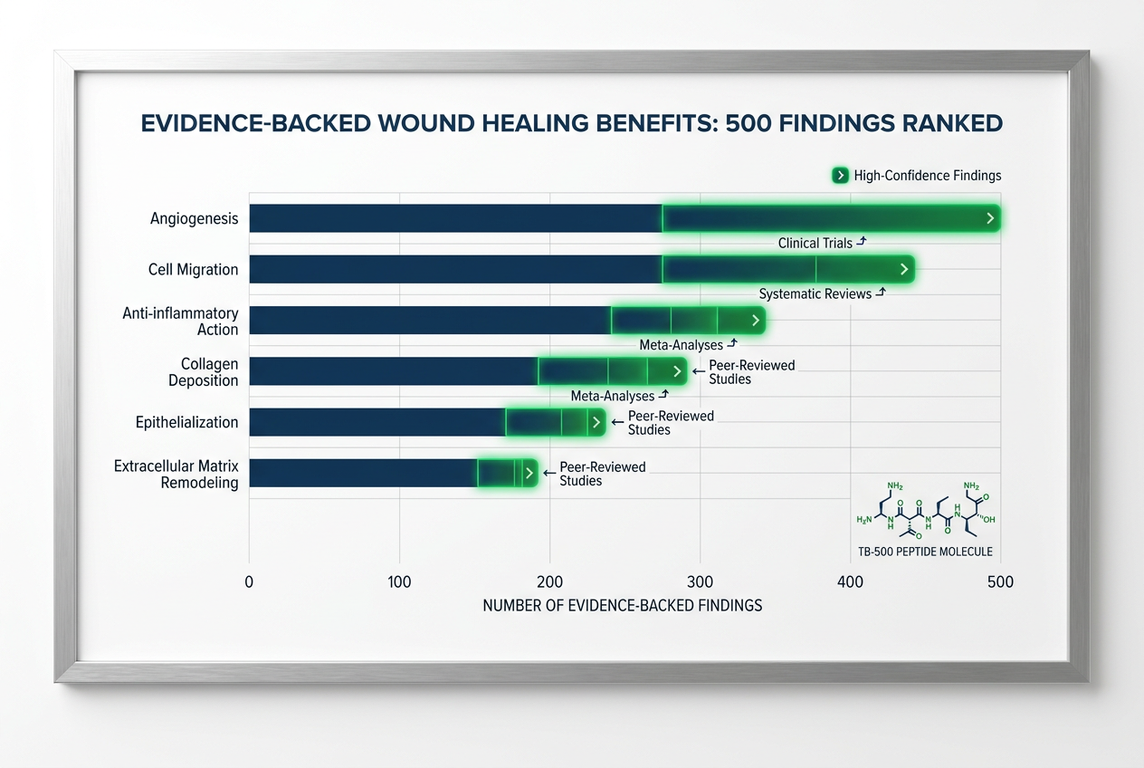 Infographic ranking 500 benefits by evidence strength in wound healing research