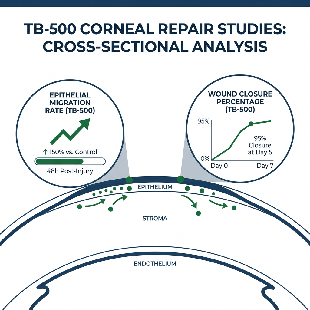 Corneal anatomy diagram with TB-500 healing data overlays